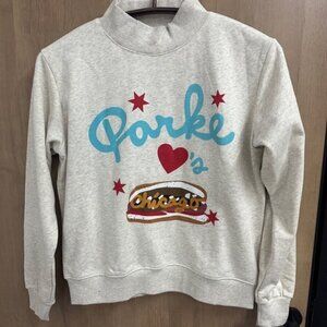 PARKE Chicago Graphic Sweatshirt Mock Neck Grey Red Blue Heart